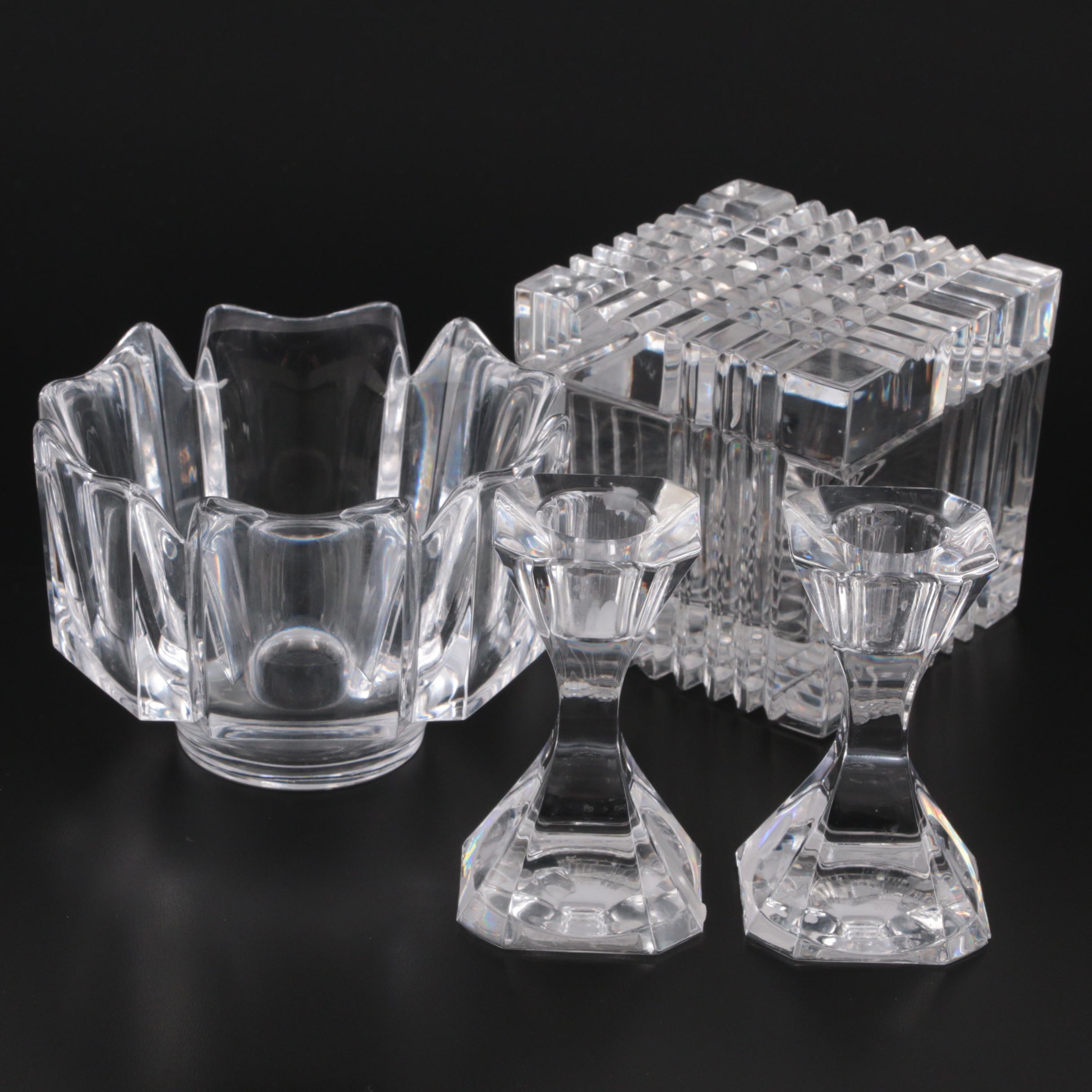 Orrefors "Corona" Crystal Bowl with Other Crystal Candlesticks and Lidded Box