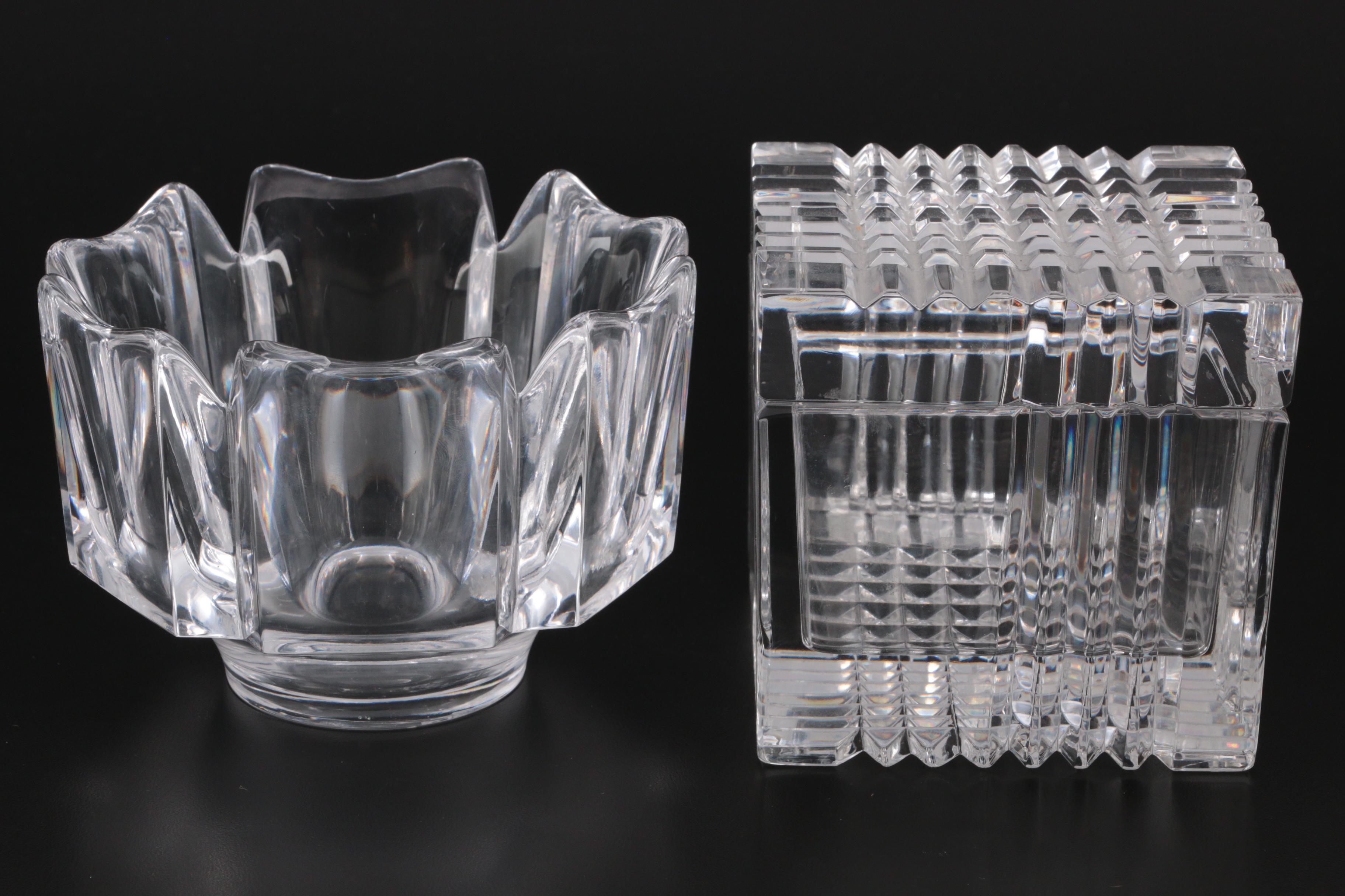 Orrefors "Corona" Crystal Bowl with Other Crystal Candlesticks and Lidded Box