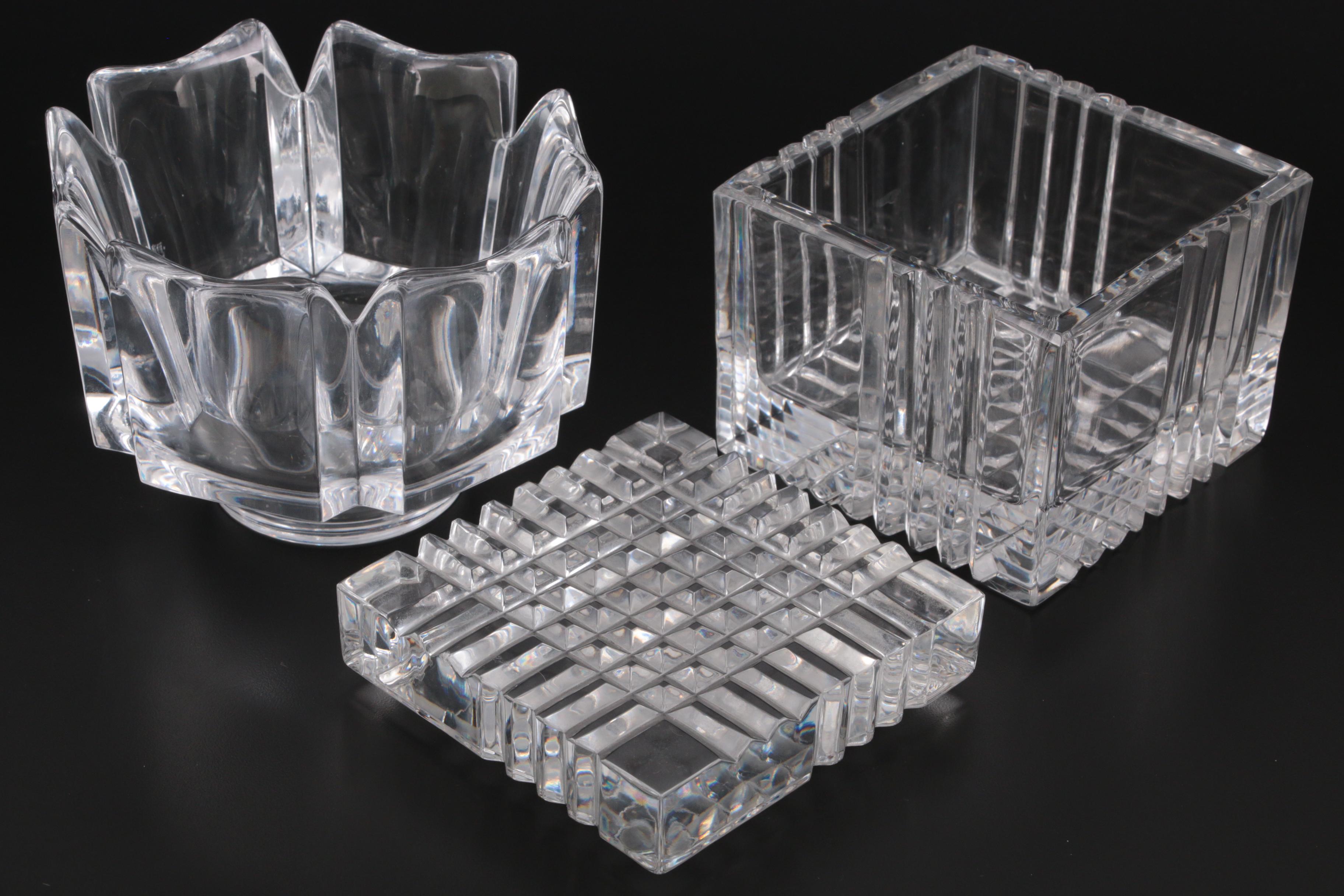 Orrefors "Corona" Crystal Bowl with Other Crystal Candlesticks and Lidded Box