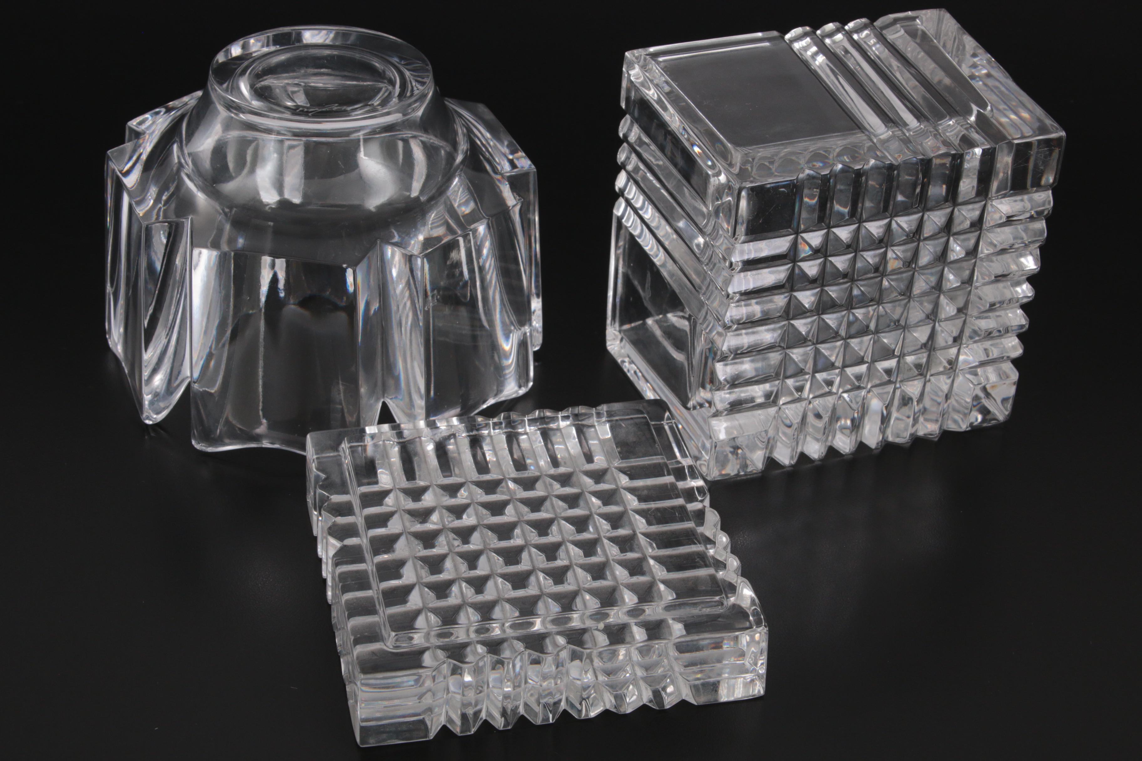 Orrefors "Corona" Crystal Bowl with Other Crystal Candlesticks and Lidded Box