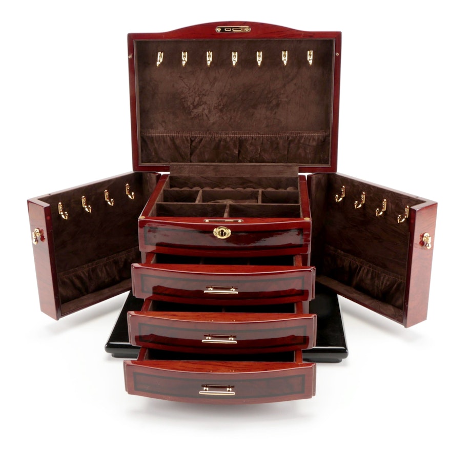 Jere High Gloss Mahogany Veneer Locking Jewelry Box