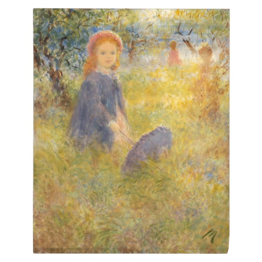 Harry Myers Oil Painting of Young Girl Holding Parasol, Mid-Late 20th Century