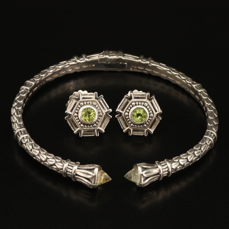 SeidenGang Cuff with Geometric Earrings in Sterling with Peridot and Quartz