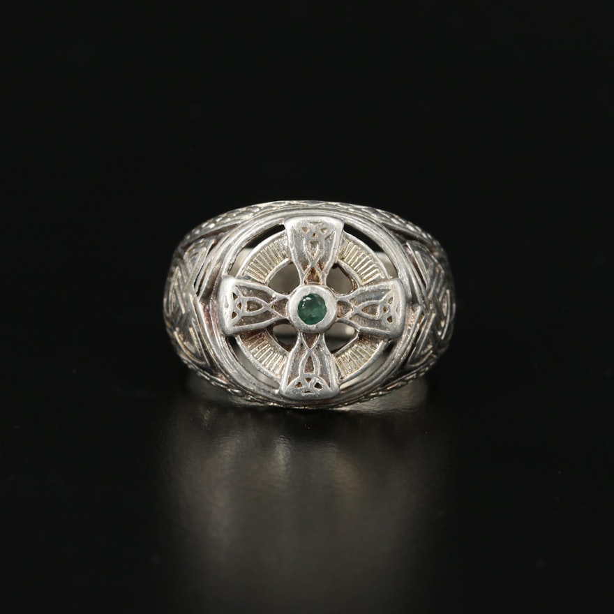 Franklin Mint Sterling Celtic Cross Ring with Emerald