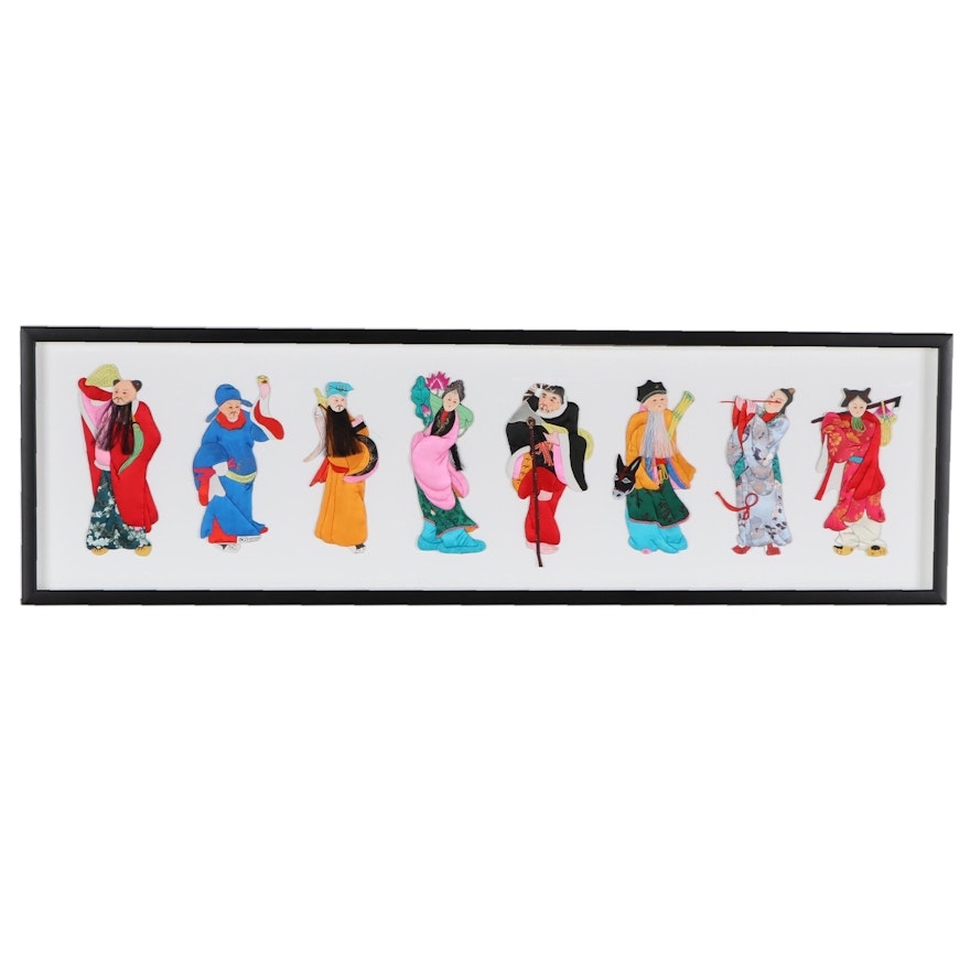 Chinese Hand-Painted Figural Silk Textile Collage of Eight Immortals