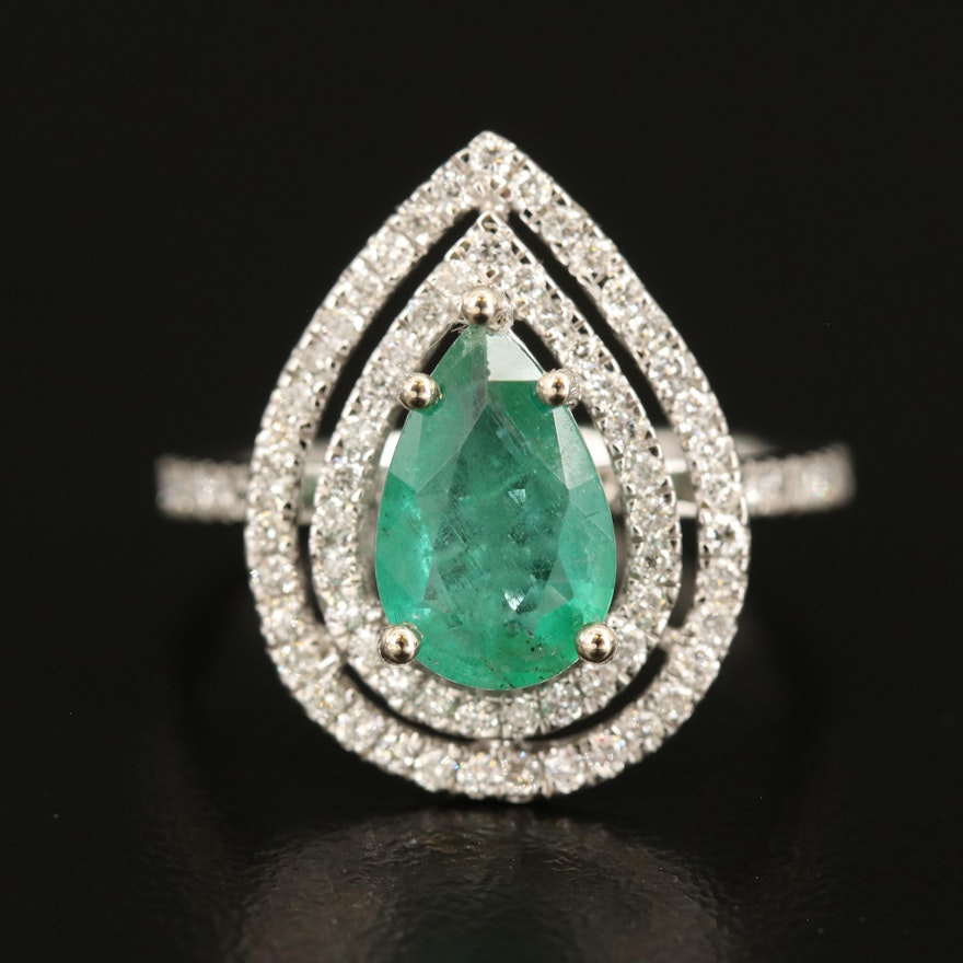 14K 1.42 CT Emerald and Diamond Double Halo Teardrop Ring