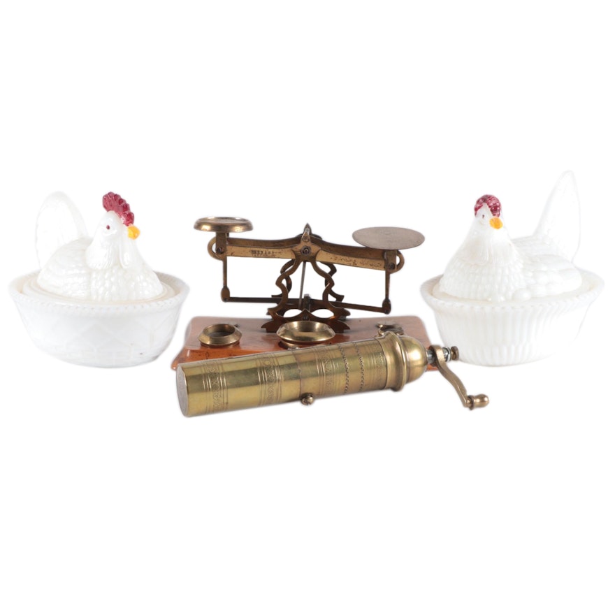 Milk Glass Hens on Nests, Brass Pepper Mill and Table Balance Scale
