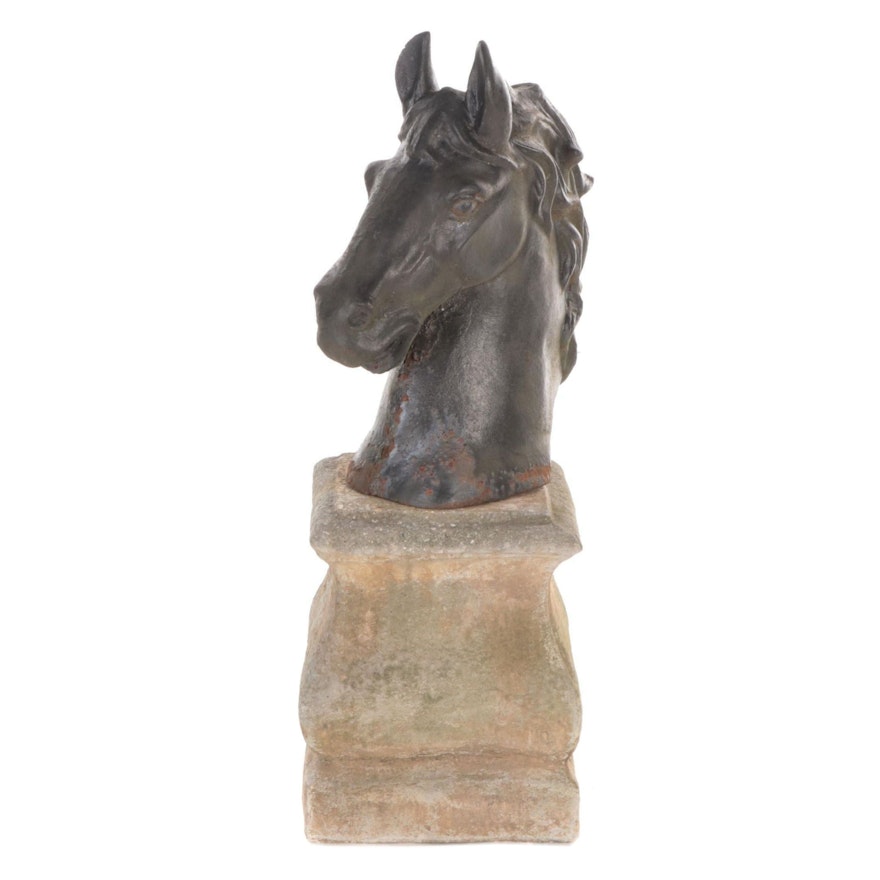 Painted Cast Iron Horse Head Outdoor Figurine with Concrete Base