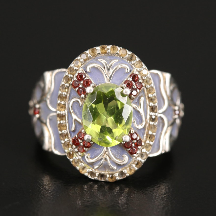 Sterling Enameled Ring Set with Peridot, Garnet and Citrine