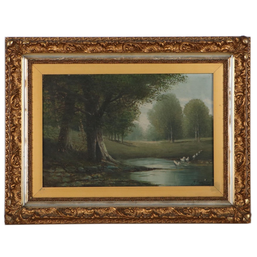 Pond Landscape Oil Painting, Circa 1900