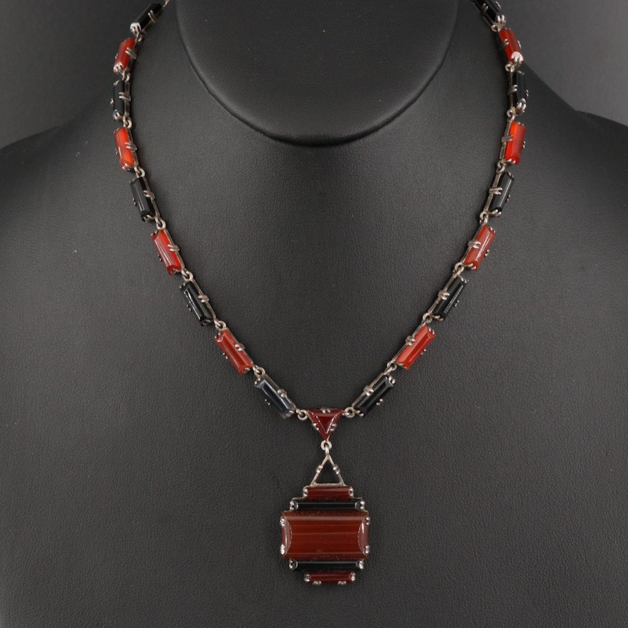 German Art Deco Sterling Silver Carnelian and Black Onyx Necklace