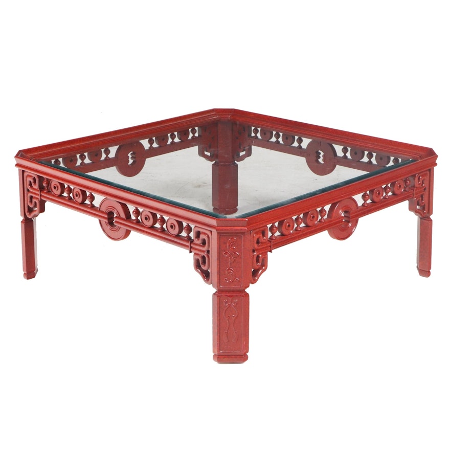 Chinese Style Red-Lacquered and Glass Top Coffee Table