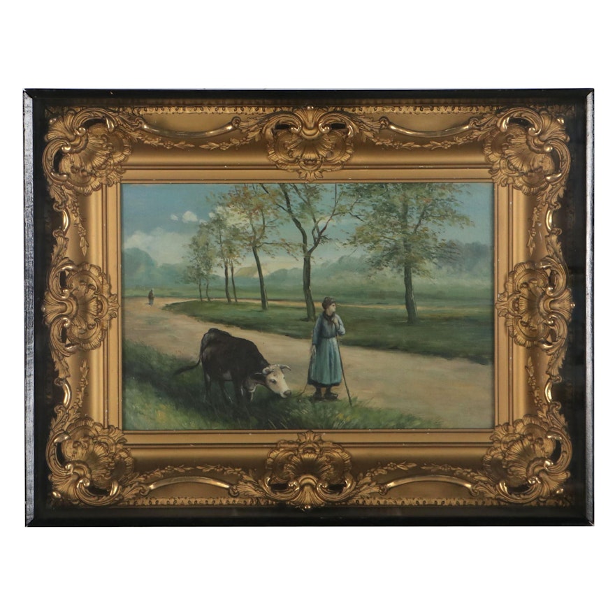 Landscape Oil Painting of Girl and Ox, Early to Mid-20th Century