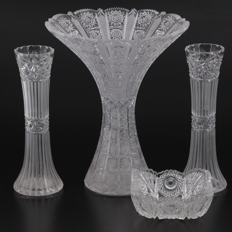 American Brilliant Cut Glass Vases and Candy Dish