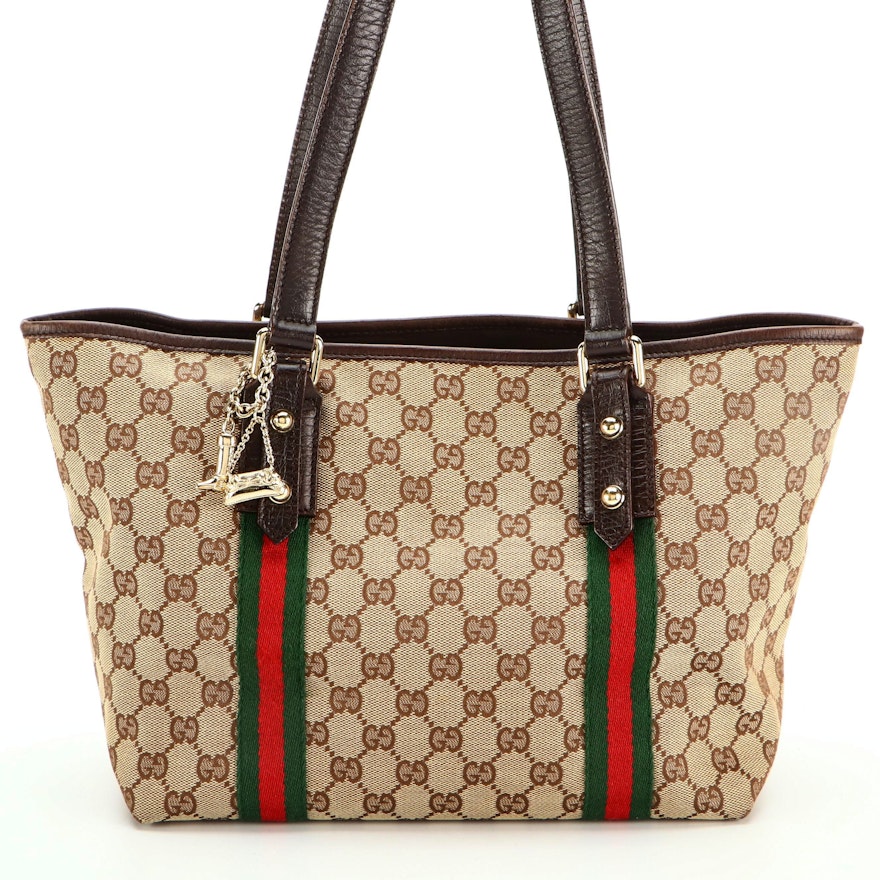 Gucci GG Canvas Shopper Tote with Web Stripes, Brown Leather Trim, and Charms