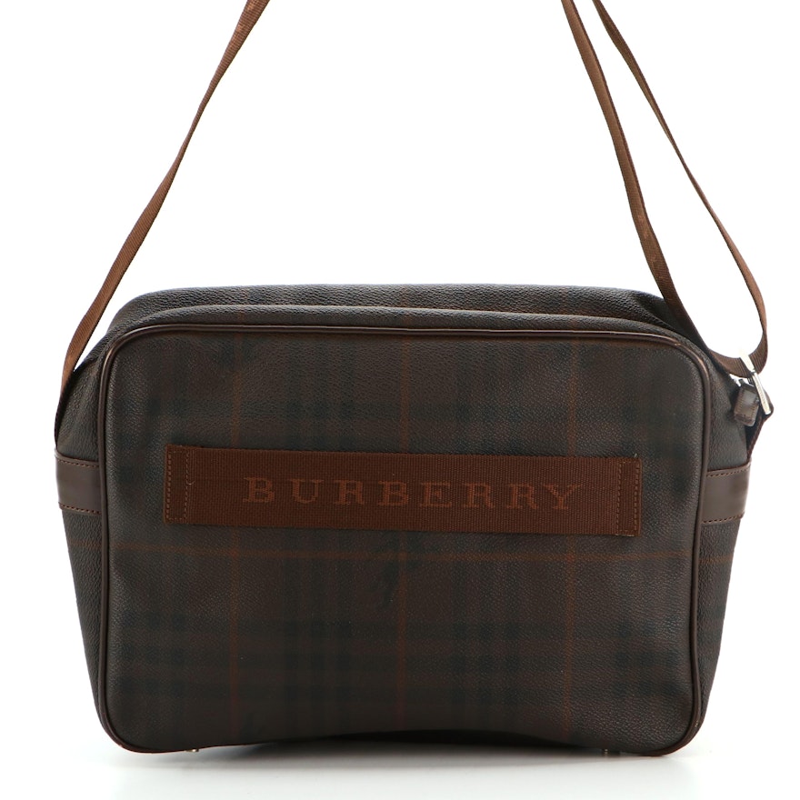 Burberry Messenger Bag Dark Brown "Haymarket" Check Coated Canvas and Leather