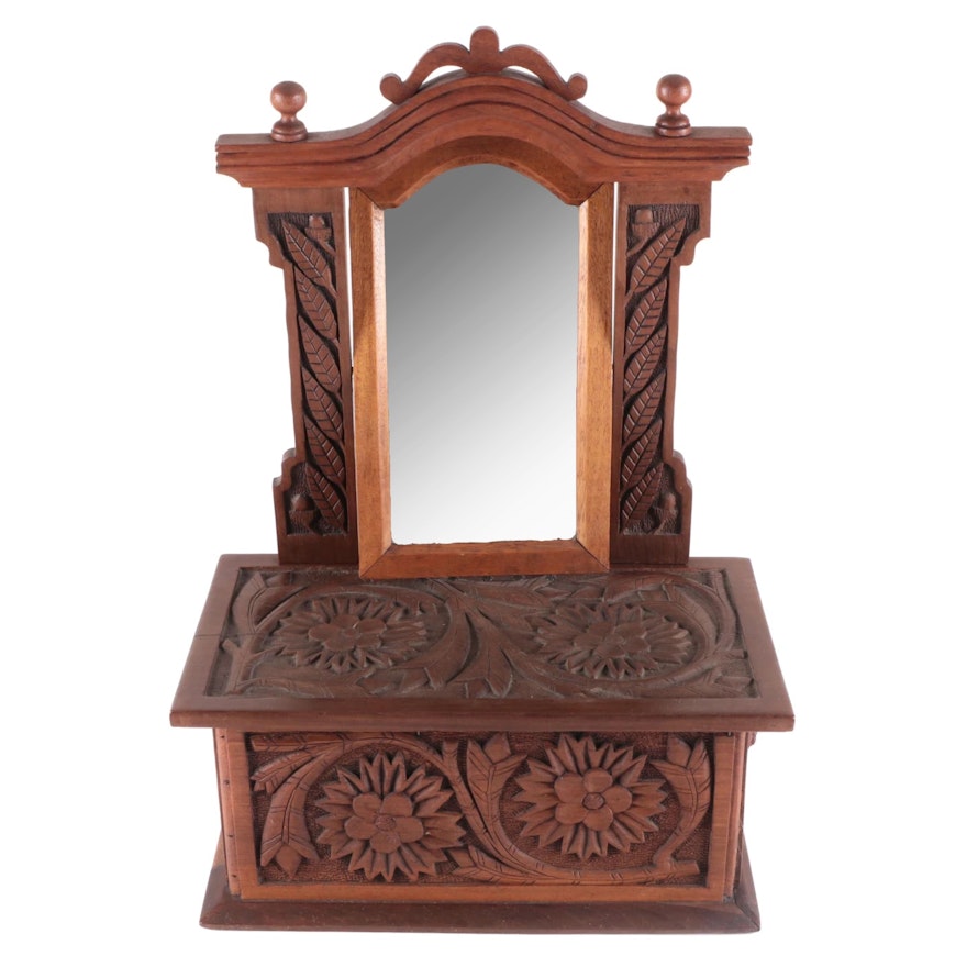 Folk Art Style Hand Carved Oak Dressing Mirror with Side Drawer