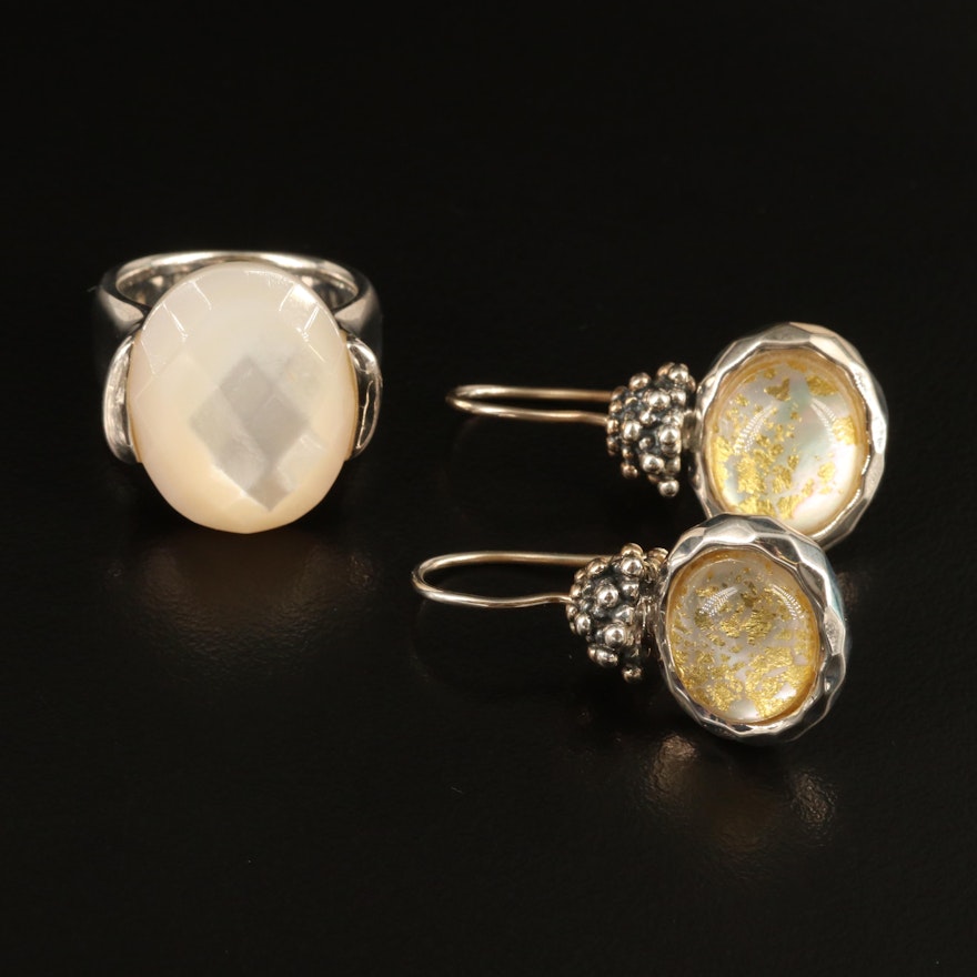 Michael Dawkins Rock Quartz Crystal and Mother of Pearl Triplet Ring and Earring