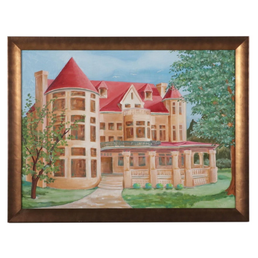 Dave Brown Oil Painting of New England Victorian Style House, 21st Century