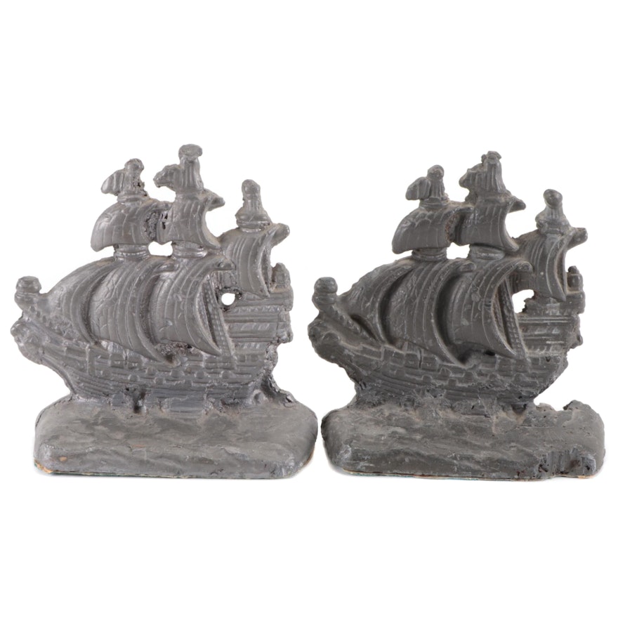 Cast Metal Galleon Ship Bookends, Early 20th Century