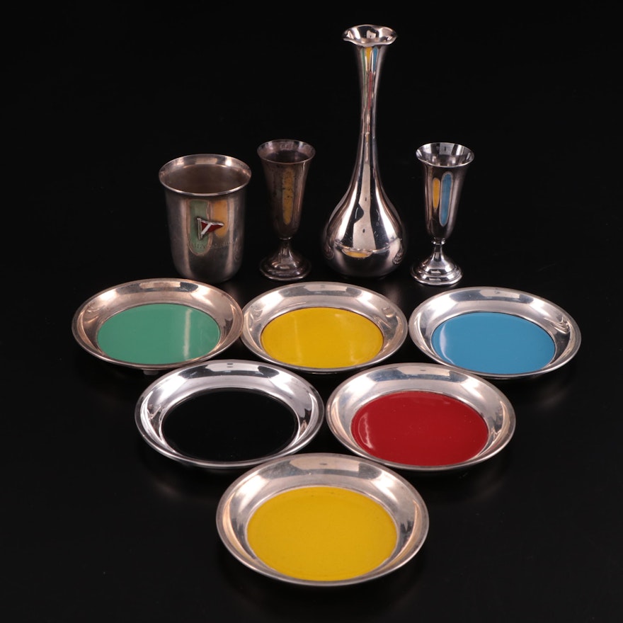 Towle Sterling Silver and Enamel Coasters with Other Sterling Cups and Vase