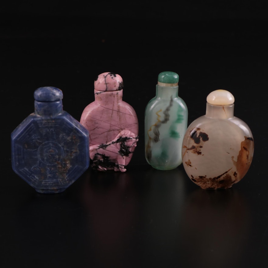 Chinese Carved Sodalite, Agate, Rhodonite and Other Snuff Bottles