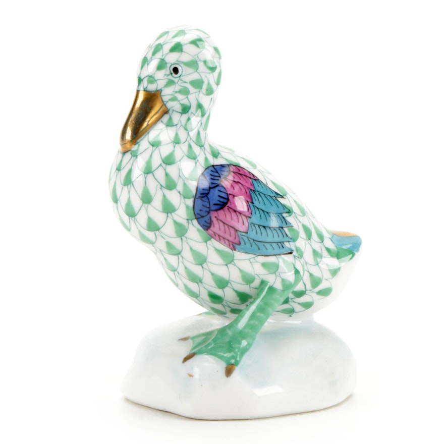Herend Green Fishnet with Gold "Duck" Porcelain Figurine