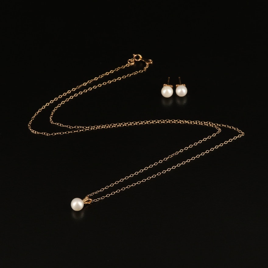 10K Pearl Necklace and Stud Earring Set