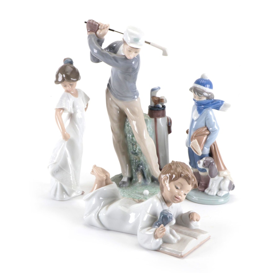 Lladró "Golfer" Porcelain Figurine with Other Lladró and Nao Figurines