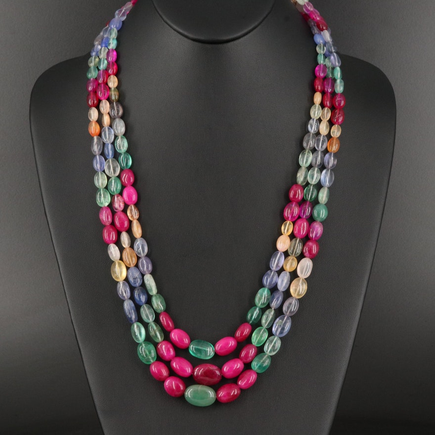 Triple Strand Multicolored Beaded Quartz Bib Necklace