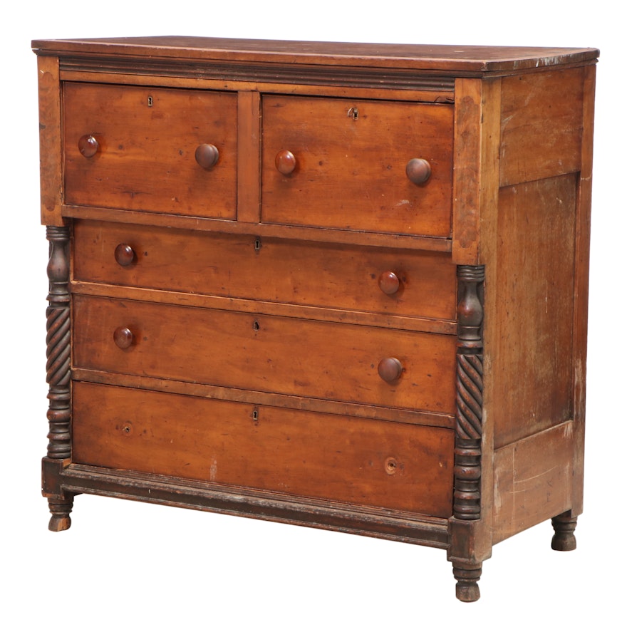 American Empire Cherrywood and Walnut Five-Drawer Bonnet Chest, Mid-19th Century
