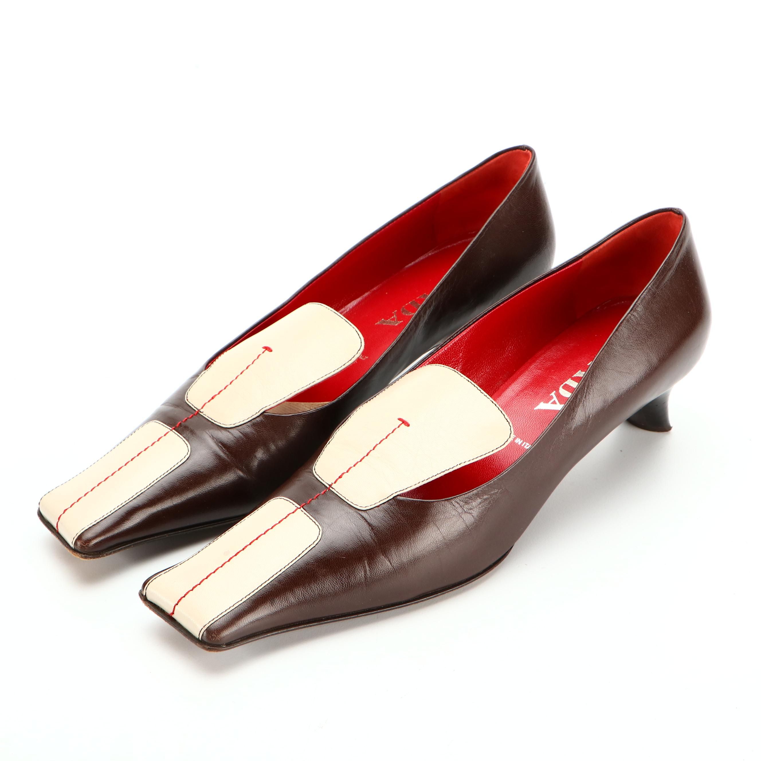 Prada Bicolor Square Toe Pumps with Box