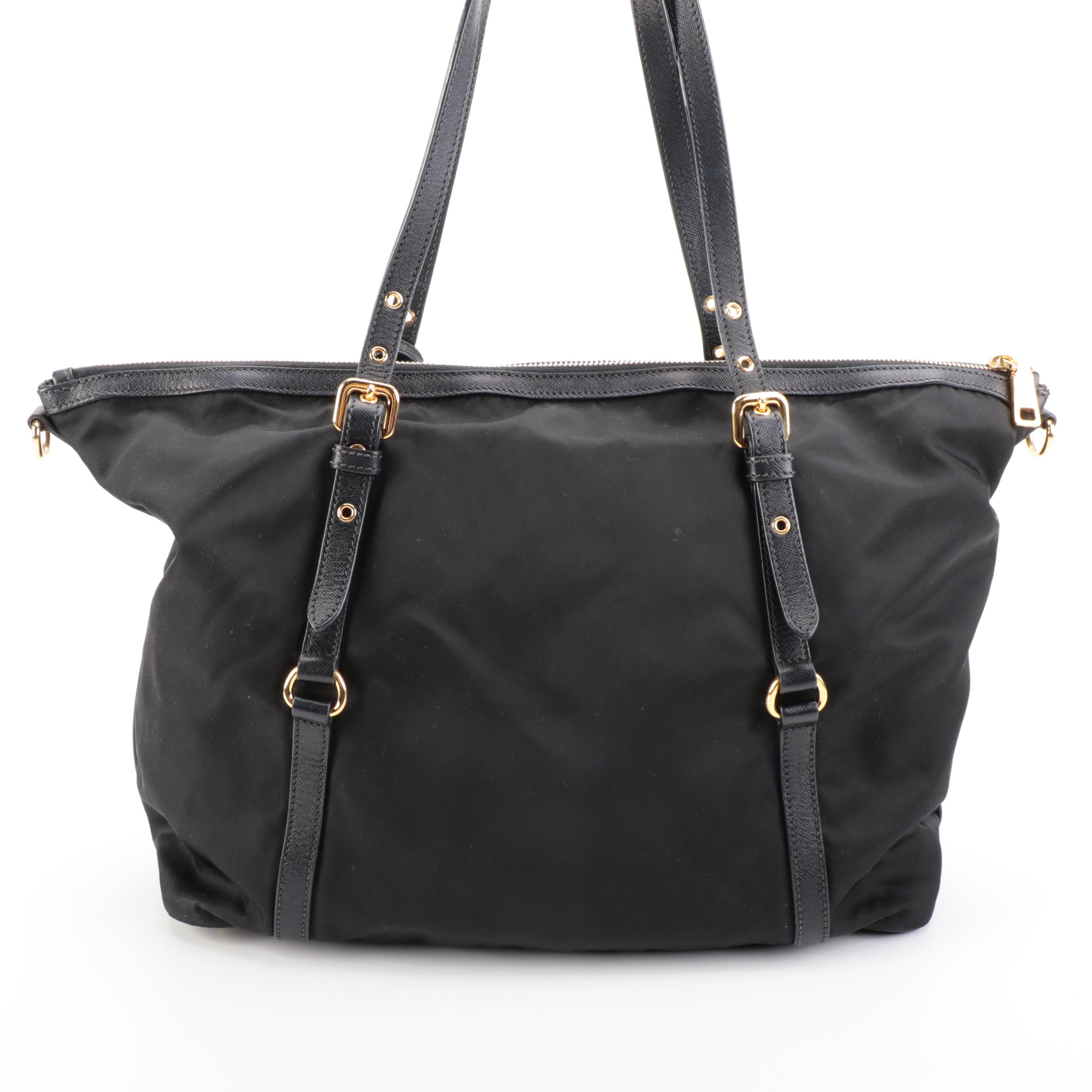 Prada Shopper Tote Bag in Black Tessuto  Nylon and Saffiano Leather