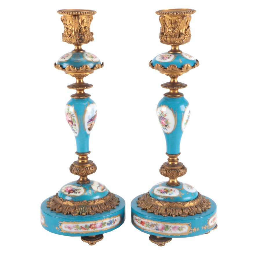 French Sèvres Style Ormolu Mounted Porcelain Candle Holders, Late 19th Century