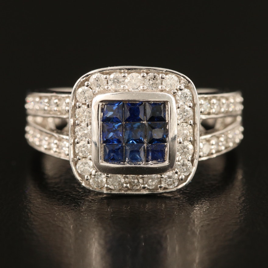 14K Sapphire Ring with Diamond Lined Split Shoulders and Halo