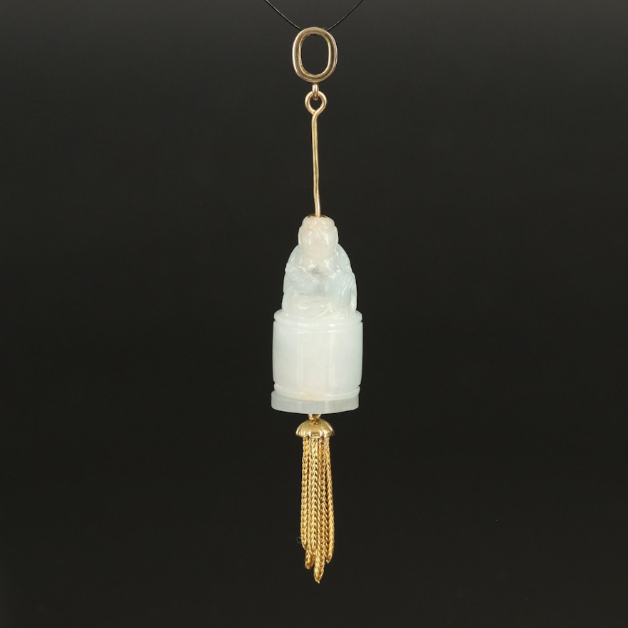 Bodhisattva with Hidden Buddha Jadeite Pendant with 14K Foxtail Tassel