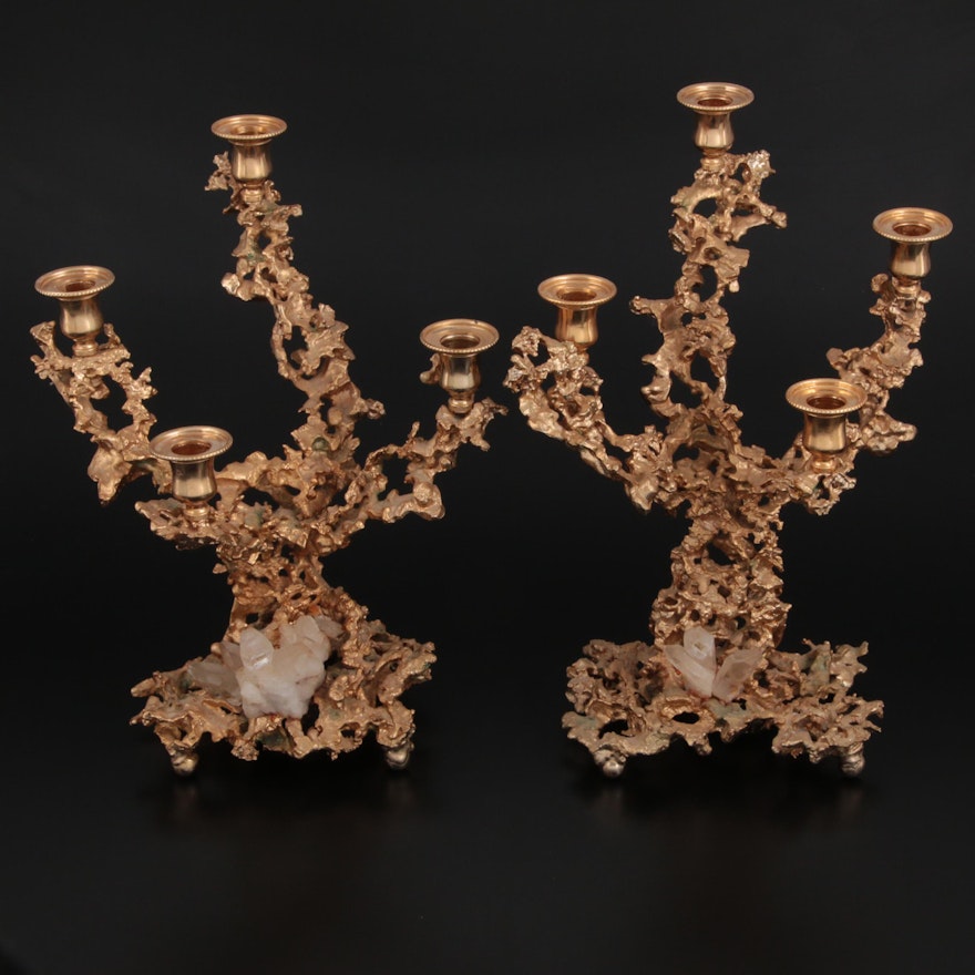 French Claude Victor Boeltz Gilt "Exploded Bronze" and Quartz Candelabra, 1970s