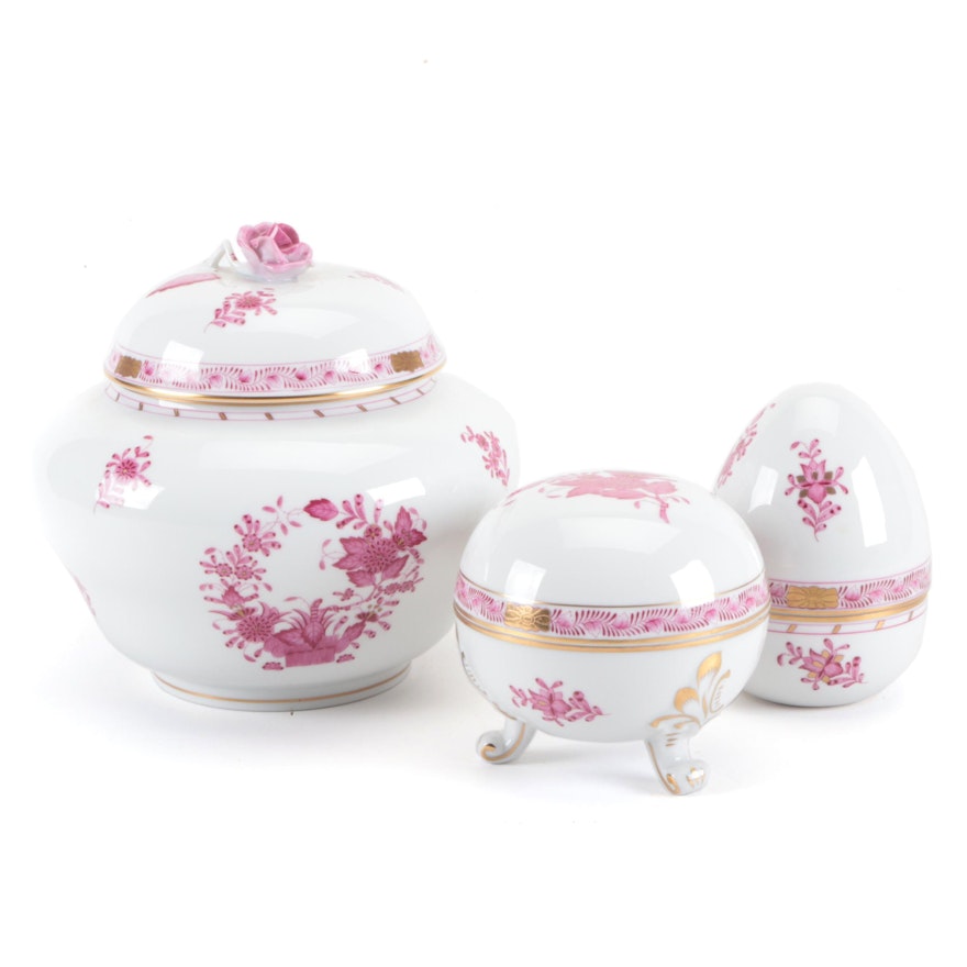 Herend "Chinese Bouquet Raspberry" Lidded Ginger Jar and Other Lidded Vessels