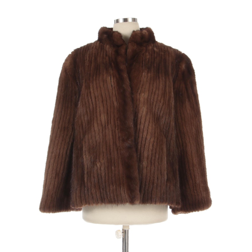 Corded Demi Buff Mink Fur Jacket with Suede Inserts and Standing Collar