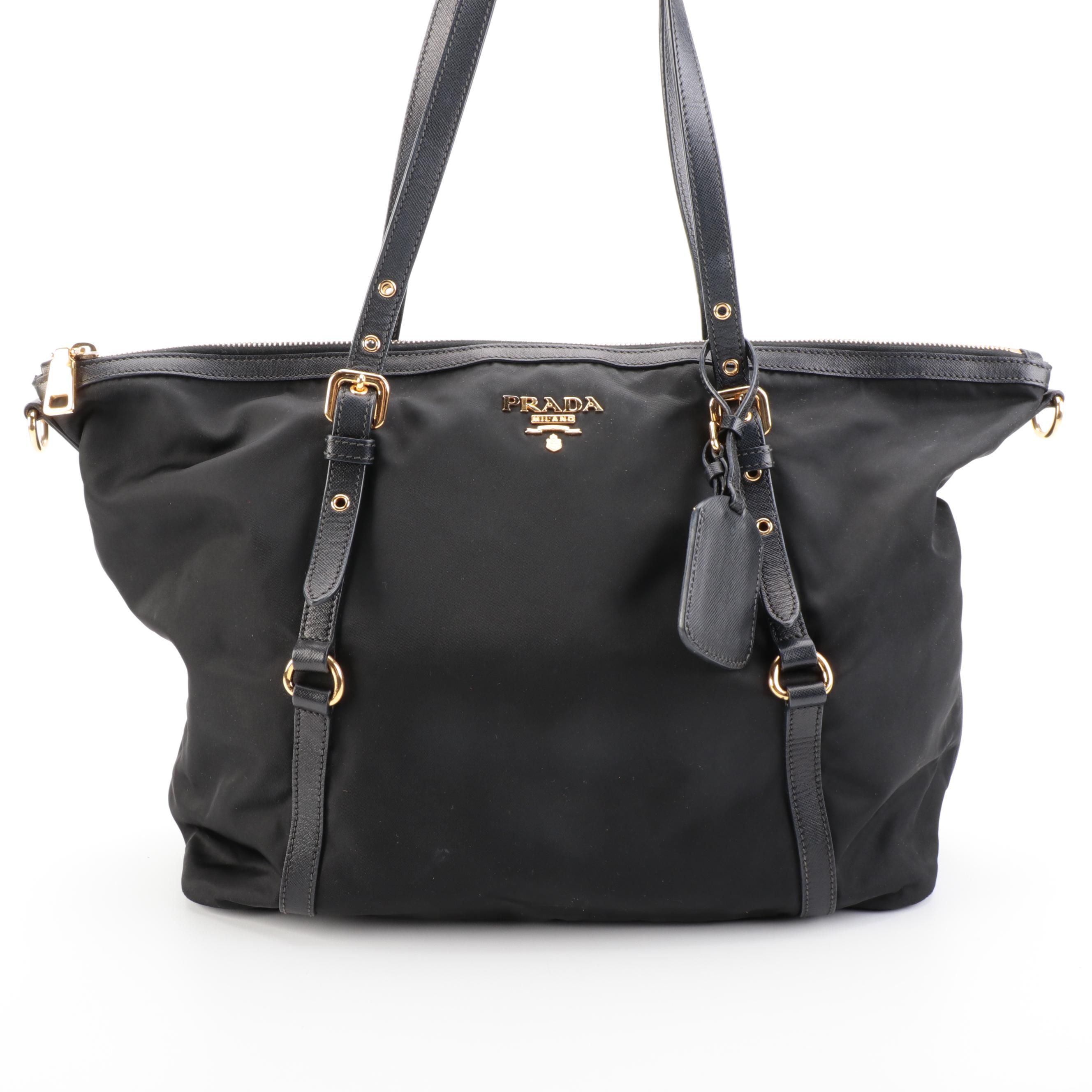 Prada Shopper Tote Bag in Black Tessuto  Nylon and Saffiano Leather