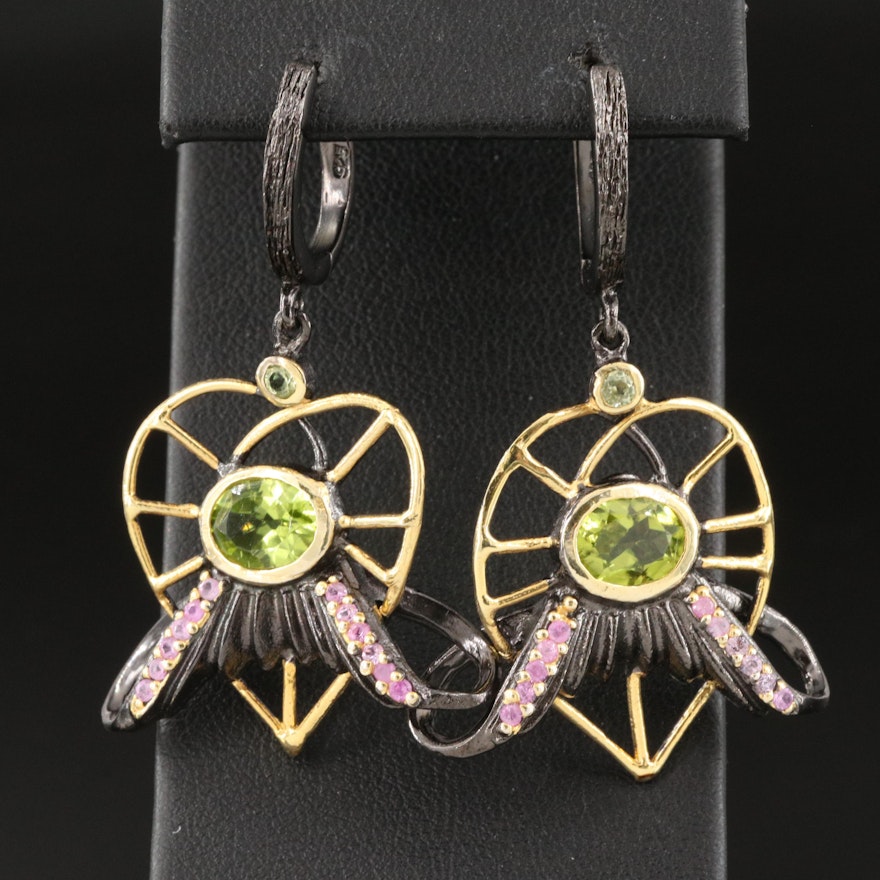 Sterling Silver, Pink Sapphire and Peridot Stylized Heart Drop Earrings