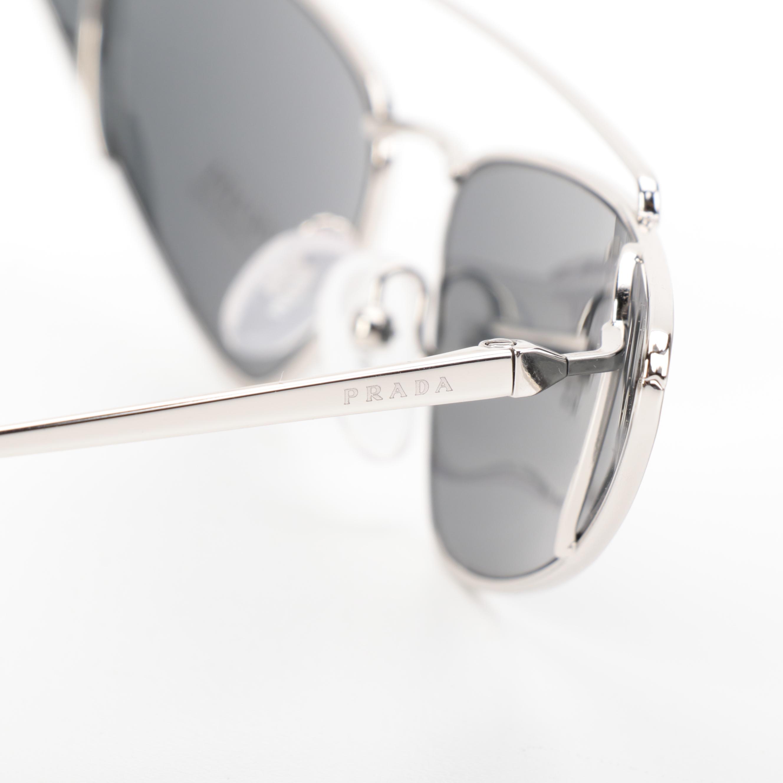 Prada SPR63U Modified Cat Eye Sunglasses in Silver Metal with Case