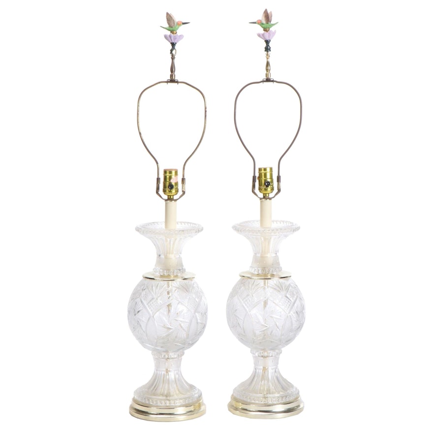 Pair of Cut Crystal and Brass Table Lamps with Ceramic Hummingbird Finials