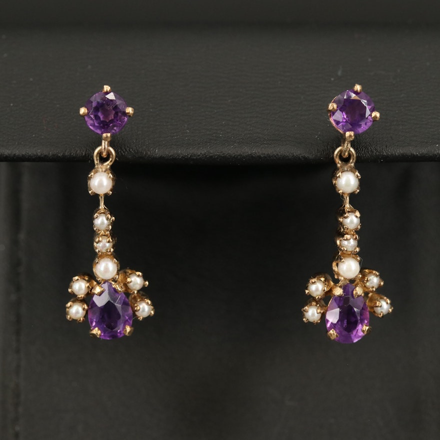 Vintage 10K Amethyst and Pearl Earrings