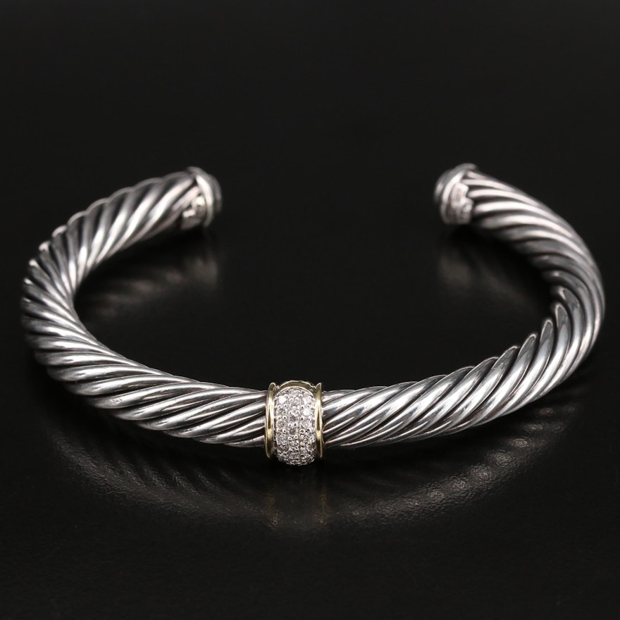 David Yurman Sterling Diamond Cable Cuff with 18K Accent
