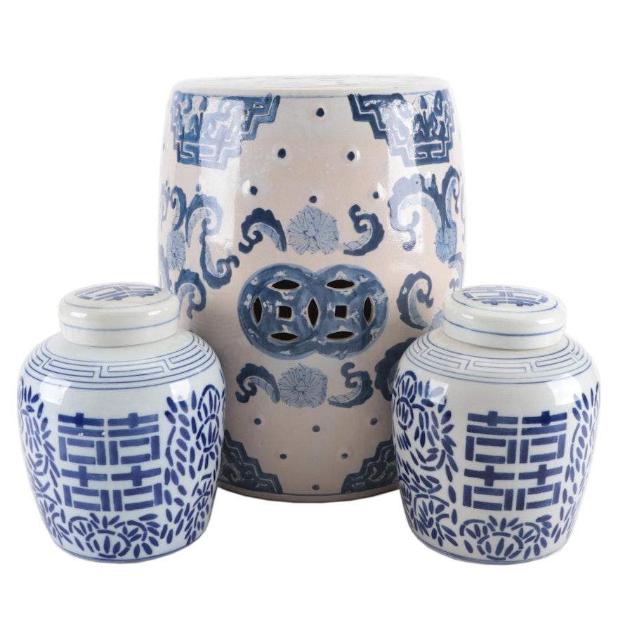 Chinese Blue and White Porcelain Ginger Jars with Ceramic Garden Stool