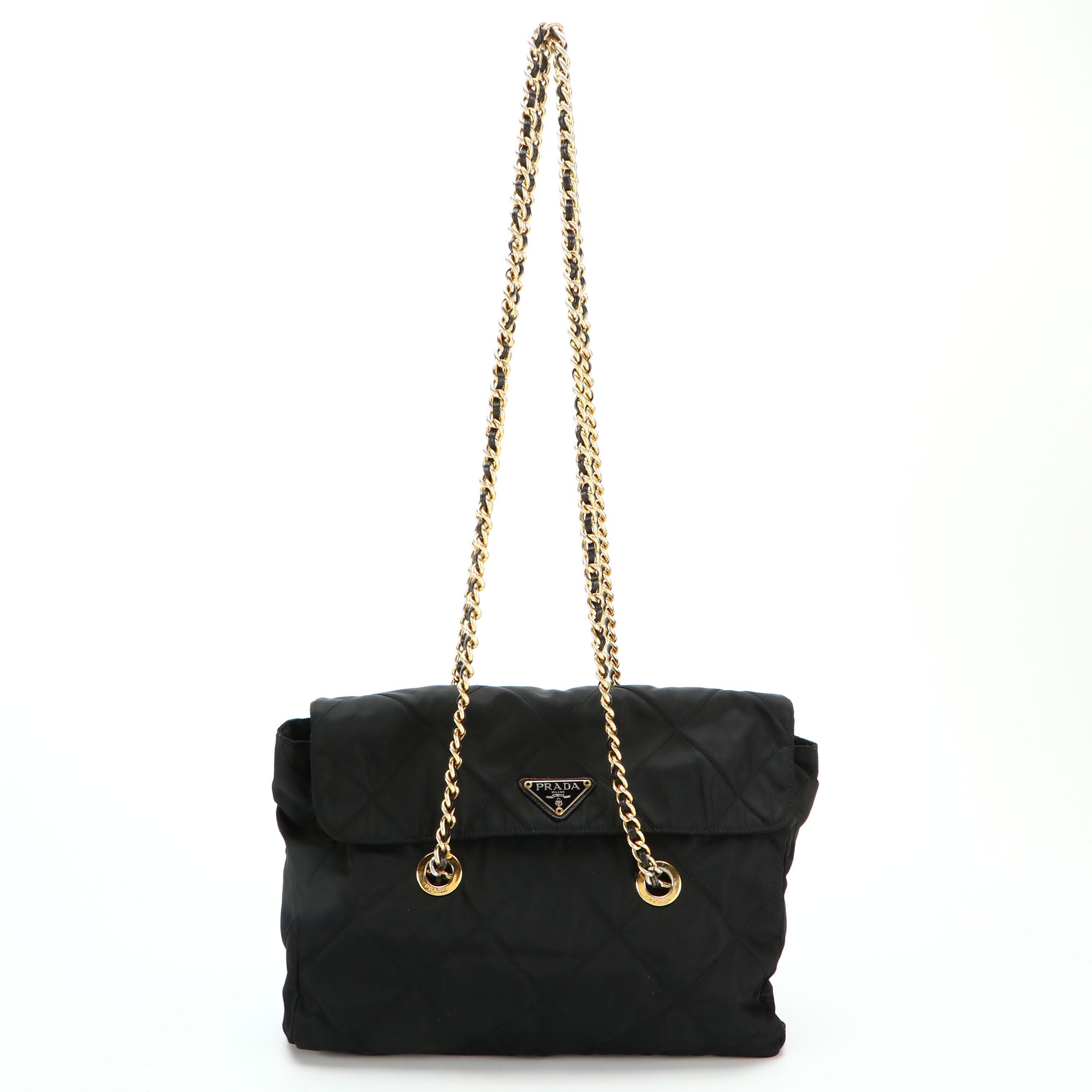 Prada Black Quilted Tessuto Nylon Shoulder Bag with Leather and Chain Strap