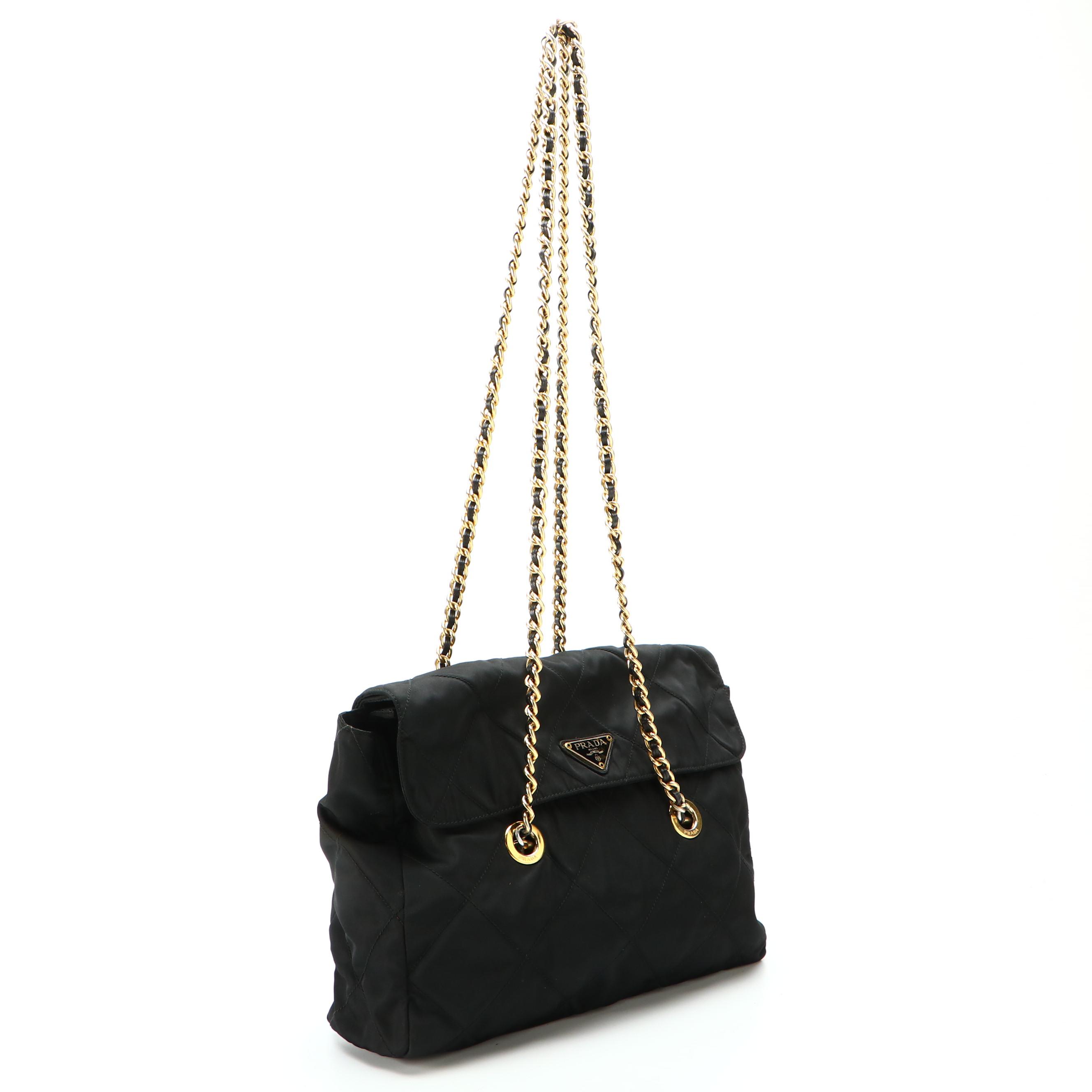 Prada Black Quilted Tessuto Nylon Shoulder Bag with Leather and Chain Strap