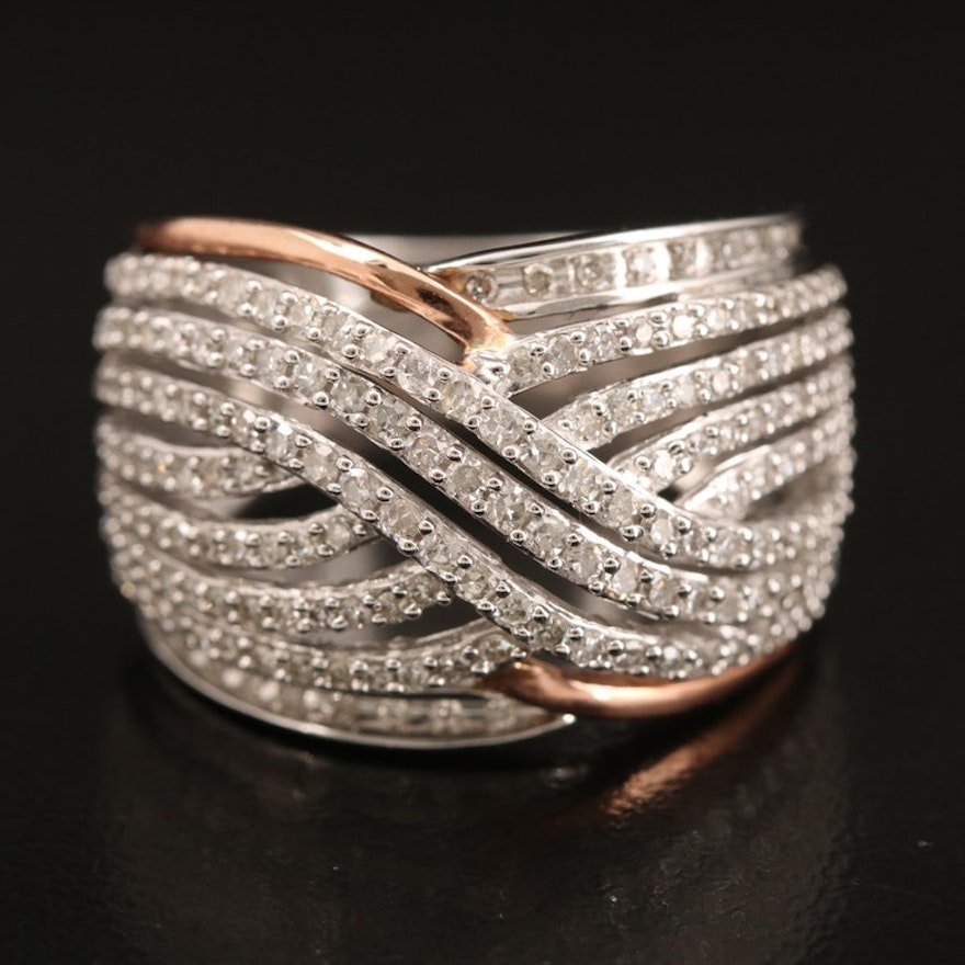 10K 1.00 CTW Diamond Crossover Band with Rose Gold Accents