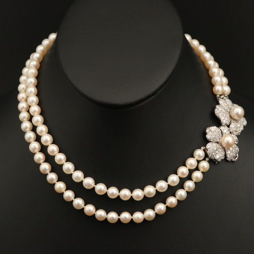 Vintage Pearl Necklace with Platinum 4.00 CTW Diamond Flower Clasp